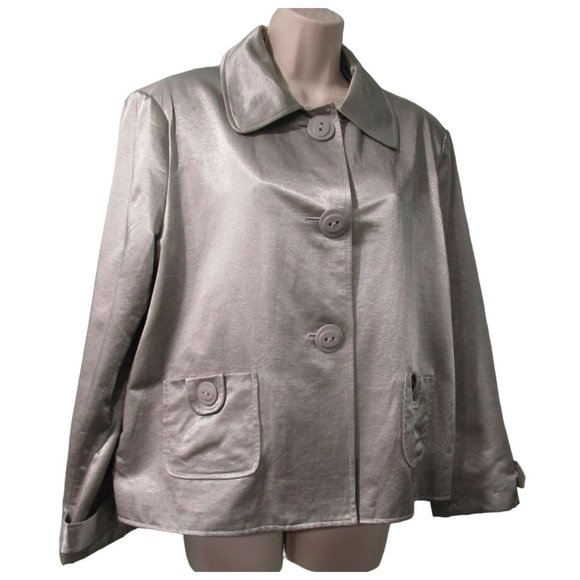 Christine Alexander Pewter Trench Style Short Jacket GUC L Belt Button Accents - Picture 1 of 16